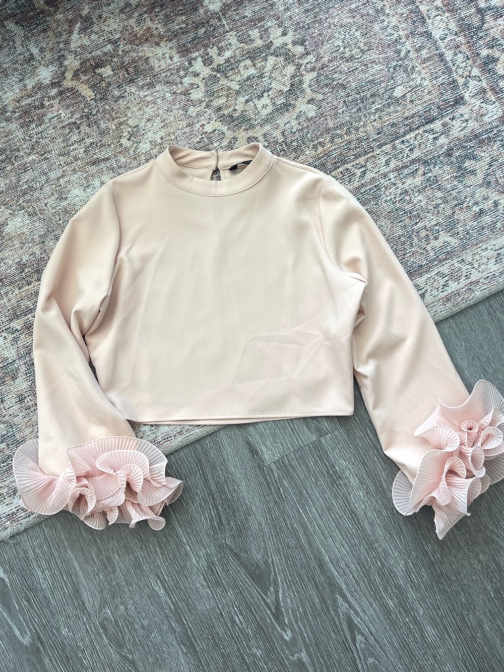 Zara Blush Pink Long-Sleeve Top with Pleated Ruffle Cuffs